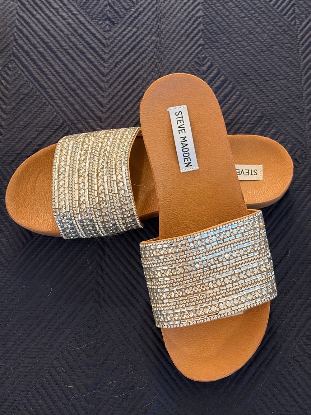 Steve Madden Gold Rhinestone Slide Sandals - Tan Footbed